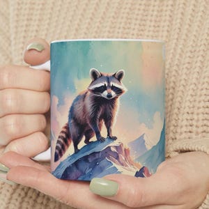 mountains mug, funny mug, kawaii raccoon, nature mugs, animal lover gift,raccoon mugs,pastel raccoon design