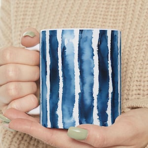 Striped Mug, Blue Watercolor Coffee Cup, mugs striped,mugs handmade striped, Nordic Design cup striped, ceramic mugs striped