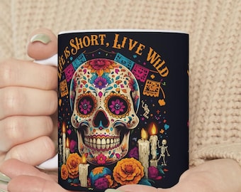 Caneca de cerâmica do Dia dos Mortos, caveira colorida, "Viva Selvagem"