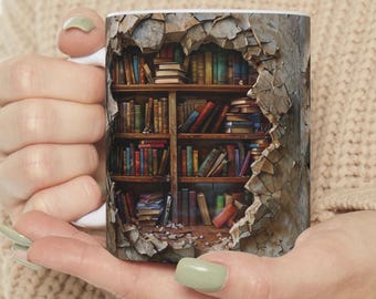 3D Bookshelf Mug: Book Lover Gift, Cracked Design
