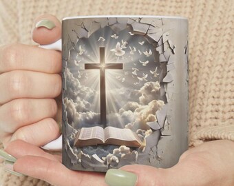 Christian Coffee Mug: 3D Cross, Dove & Bible Design - Religious Gift