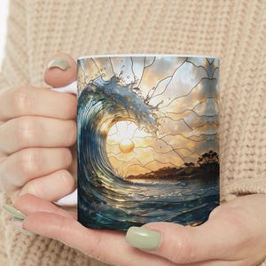 Stained Glass Wave Mug | beach mug, ocean coffee mug, ocean themed gifts, tropical beach mug, stained glass mug, Beach Lover Gift,