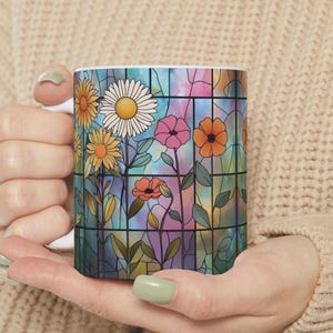 floral coffee mug, flower mug, stained glass design, colorful coffee cup, cottagecore mug, aesthetic mug, botanical mug, spring coffee mug