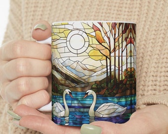 Stained Glass Swan Mug: Elegant Ceramic Coffee Cup