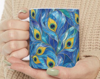Peacock Feather Coffee Mug | Stained Glass Style Ceramic Tea Cup | Vibrant Blue and Gold Peacock Pattern | Elegant Boho Kitchen Gift for Her