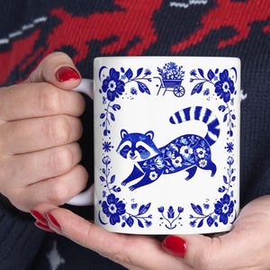 Chinoiserie Raccoon Coffee Mug: Blue Toile Ceramic Cup