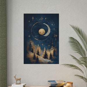 Celestial Forest Art Print, mystische Wand Dekoration, Nachthimmel Poster, Golden Moon Decor, Boho Home Art, Geschenk für Naturliebhaber,