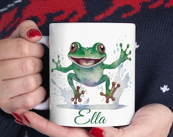 personalized frog mug, frog coffee cup, watercolor design