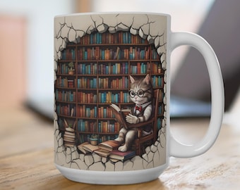3D Katze Bibliothekar Tasse: Lustige Buchliebhaber Kaffeetasse