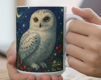 Personalized owl coffee mug, van gogh inspired, starry night mug, friendship presents