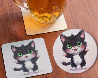 Ceramic Cat Coasters, Cute Black Cat Design, Housewarming Gift