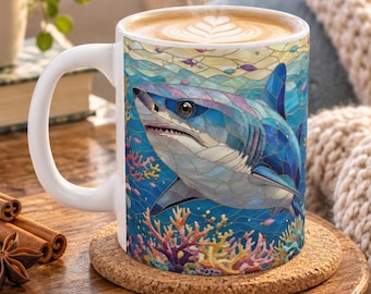 Shark Coffee Mug, Colorful Ocean Ceramic Mug, Marine Life Gift, Coral Reef Art Cup, Shark Lover Gift, Sea Life Coffee Cup