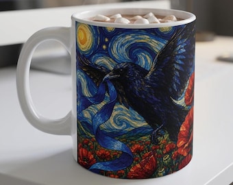 Starry Night Raven Mug, Red Poppy Crow Coffee Cup, Gothic Bird Art Mug, Midnight Sky Ceramic Mug, Gift for Raven Lovers, 11oz 15oz