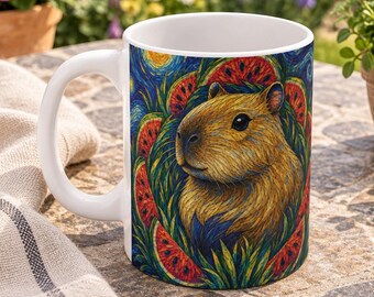 Capybara Coffee Mug, Watermelon Animal Mug, Cute Capybara Gift, Colorful Nature Ceramic Cup, Summer Gift for Animal Lovers