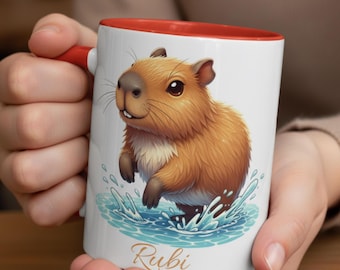 Personalized Capybara Mug, Ceramic Coffee Cup, Colorful Handle