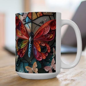 Gebrandschilderde vlindermok: artistiek koffiekopje, levendig ontwerp afbeelding 3