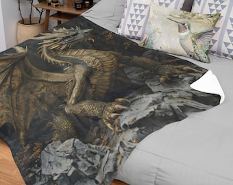 Coperta di peluche in velluto a coste con drago della foresta medievale