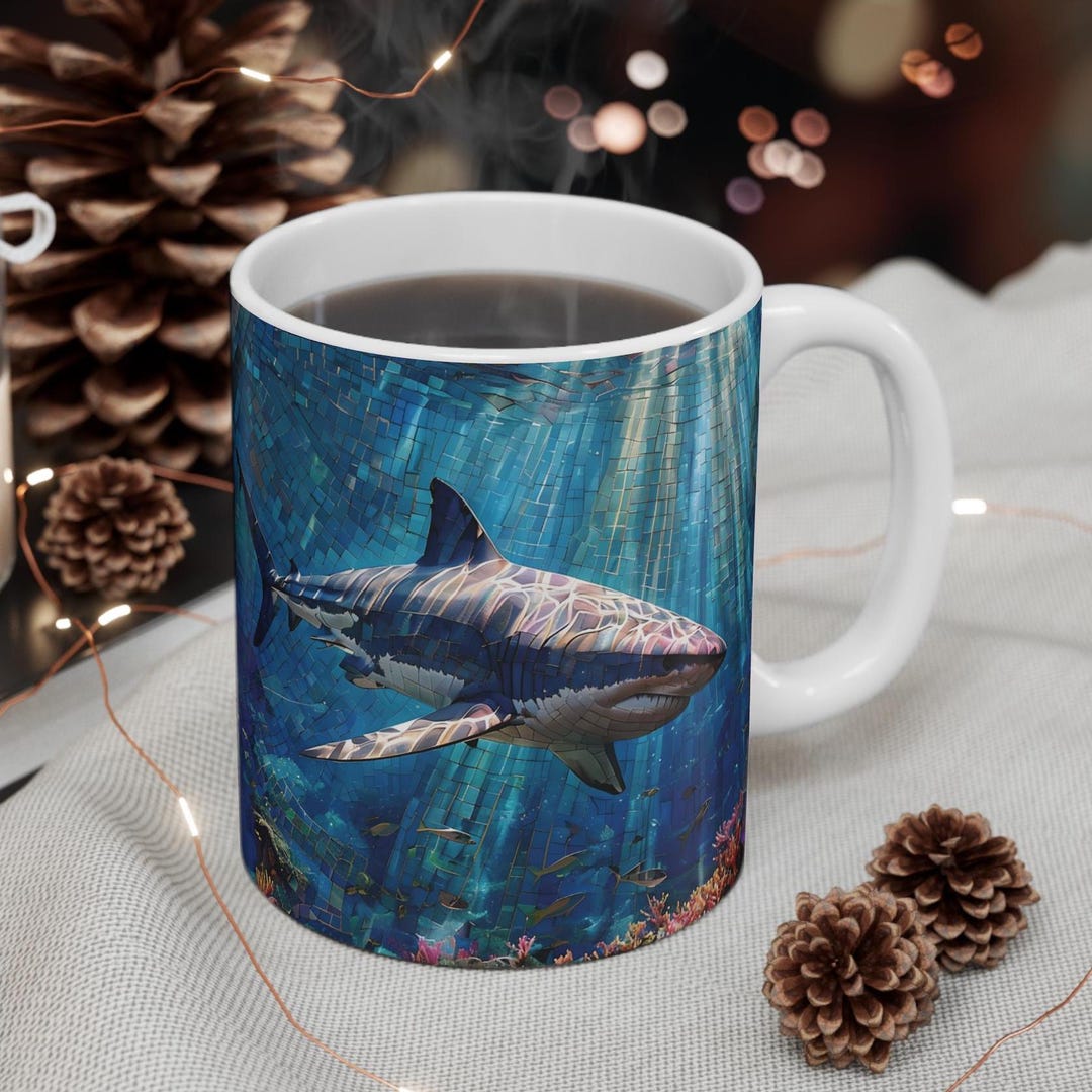 Stained Glass Shark Mug: Underwater Decor, Vibrant Fantasy Design