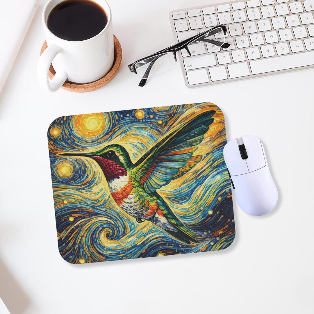 Hummingbird Mouse Hummingbird Art Mouse Pad | Colorful Starry Swirl | Rectangular Desk ...