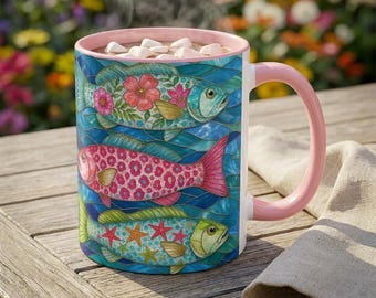 Colorful Tropical Fish Mug | Ocean Pattern Coffee Cup | Underwater Art | Whimsical Animal Mug | Nautical Beach Aquarium Gift