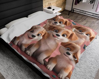 May include: A pink and white blanket with a pattern of four cartoon puppies. The puppies are brown and white with big eyes and smiles. The blanket is soft and cuddly.