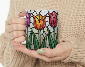 Tazza in vetro colorato con tulipani / Tazza da caffè in ceramica con motivo floreale a tulipani