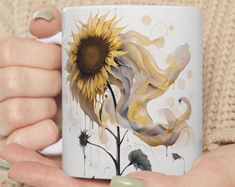 Taza de girasol derretido: Taza de café floral de cerámica