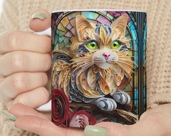 Stained Glass Cat Mug: Artistic Ceramic Coffee Cup for Cat Lovers