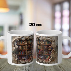 May include: White ceramic mug with a 20 oz capacity. The mug features a graphic of a bookshelf filled with books, appearing to be built into a cracked wall.