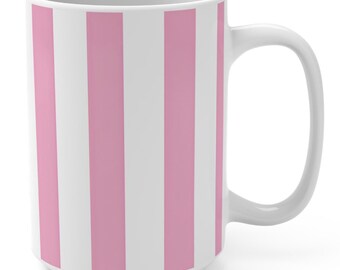 Chic Pink Striped Coffee Mug: White Ceramic, 11oz/15oz