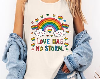 Camiseta sin mangas Comfort Colors Rainbow Pride: El amor no tiene tormenta