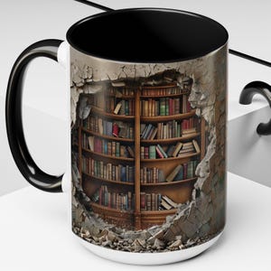 3D Bookshelf Mug: Surreal Book Lover Coffee Cup