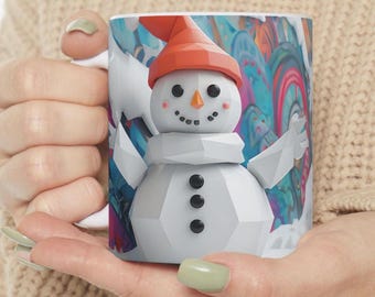 Caneca de café com boneco de neve: xícara de chocolate quente festivo de inverno