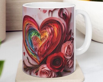 Quilled Heart & Roses Mug: Vibrant Ceramic Coffee Cup