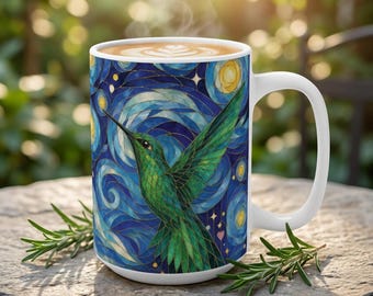 Hummingbird Mug, Stained Glass Effect Coffee Cup, Starry Night Mug, 3D Illusion Ceramic Mug, Bird Lover Gift, Nature Coffee Cup