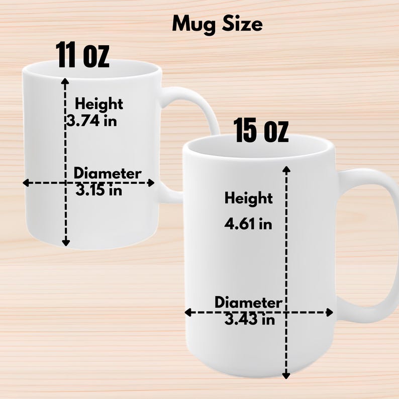 Pu&ograve; includere: Due tazze in ceramica bianca con testo nero che mostra la loro dimensione e le loro dimensioni. La tazza a sinistra &egrave; da 11 oz e misura 3,74 pollici di altezza e 3,15 pollici di diametro. La tazza a destra &egrave; da 15 oz e misura 4,61 pollici di altezza e 3,43 pollici di diametro.