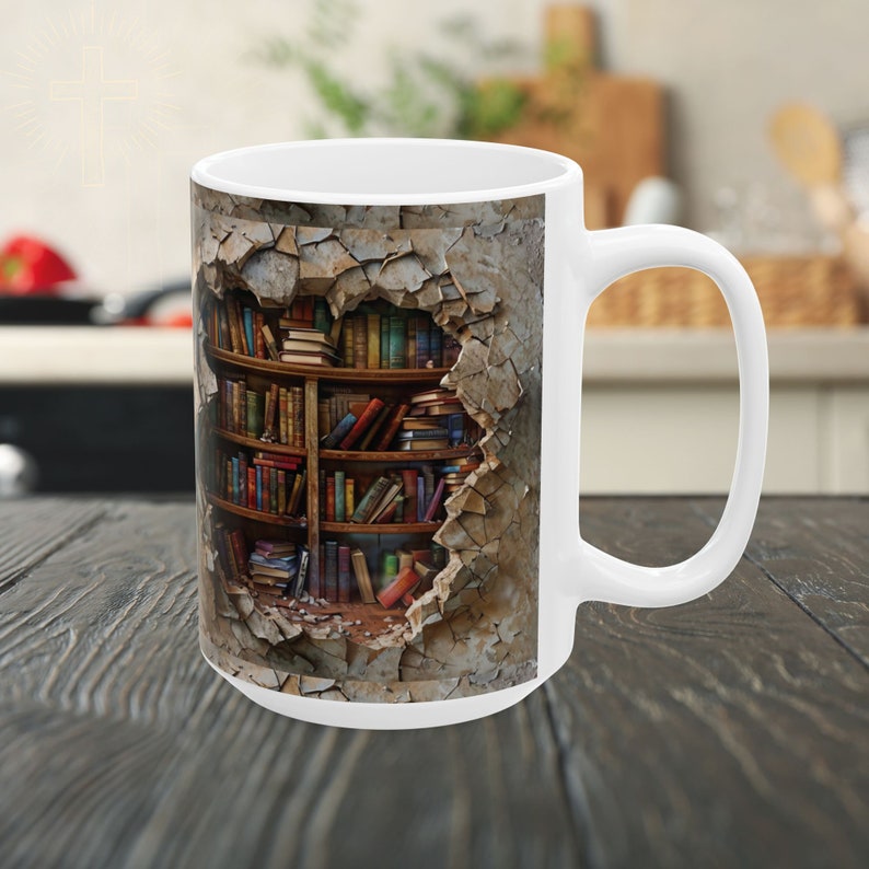 May include: White ceramic mug with a colorful image of a bookshelf bursting through a cracked wall. The bookshelf is filled with various books.