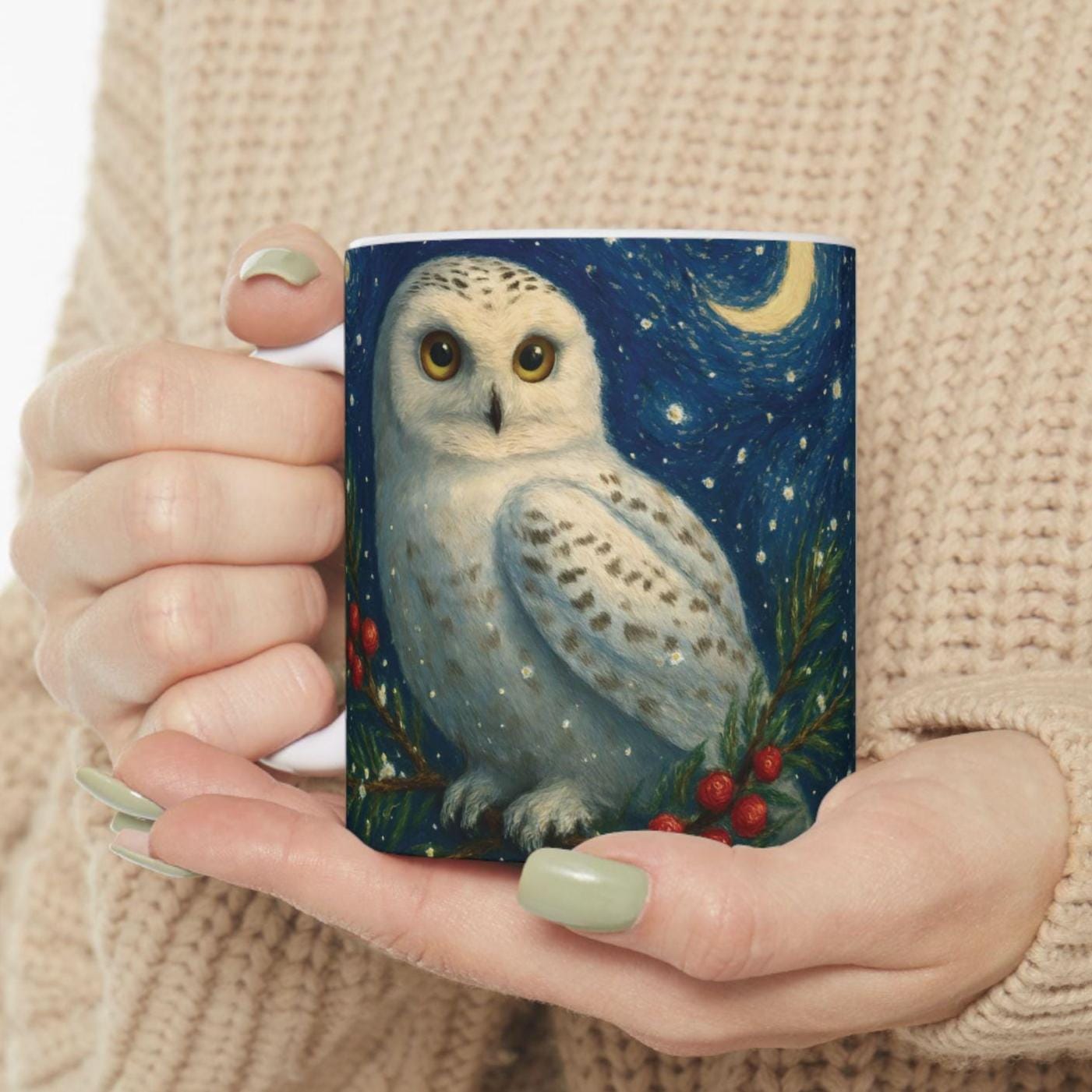 Snowy Owl Mug: Van Gogh Starry Night Winter Coffee Cup