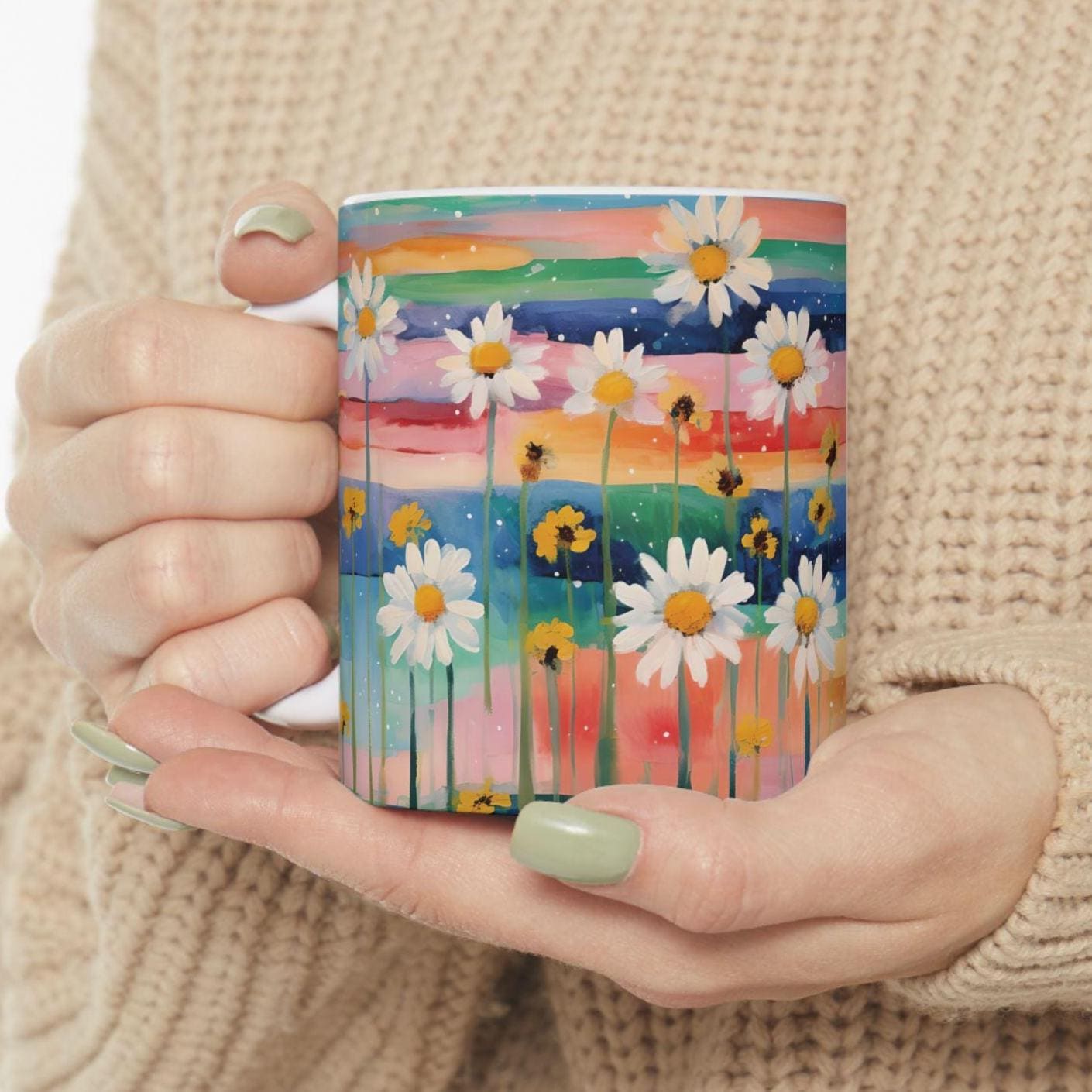 Wild Daisies Mug and Coaster Set: Floral Coffee Cup, Cottagecore Gift