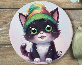 Kawaii Black Cat Ceramic Coaster, Anime Lover Gift