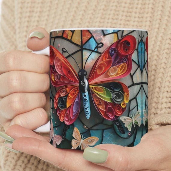 Stained Glass Butterfly Mug: Artistic Coffee Cup, Vibrant Design