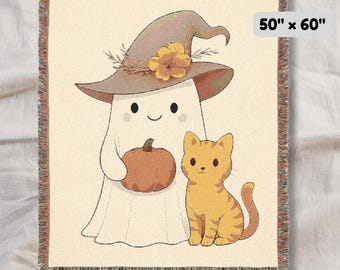 Ghost Cat Woven Blanket: Halloween Tapestry Throw, Fall Decor