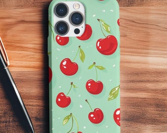 Cherry iPhone 16 Plus Case: Mint & Red Tough Phone Case