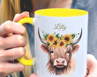 Personalized Highland Cow Sunflower Mug | Sunflower Gifts | Custom Wildflower Gift | Gift for Her Sister Daughter | Birthday Gift