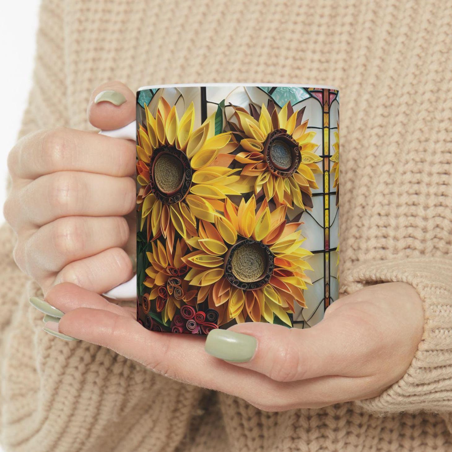 ステンドグラスのひまわりマグカップ：3D効果の花柄コーヒーカップ
