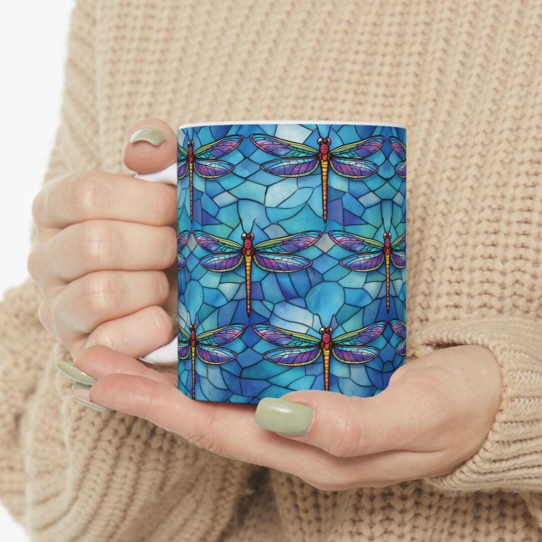 Stained Glass Dragonfly Mug | Blue Mosaic Ceramic Coffee Cup - Etsy
