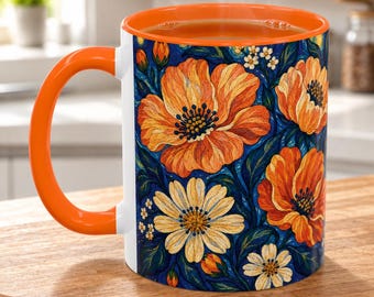 Orange Blue Floral Ceramic Mug, Botanical Coffee Cup, Cottagecore Gift