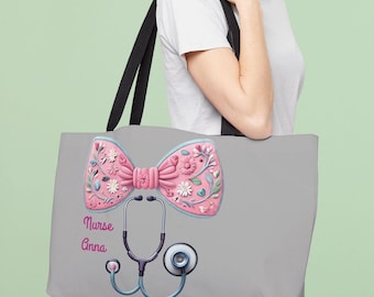 Personalized Nurse Tote Bag: Stethoscope Floral Design, Large Weekender