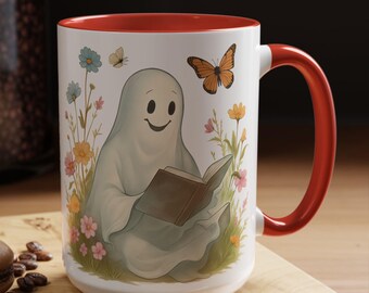 Ghost Reading Book Coffee Mug: Cottagecore Witchy Halloween Cup