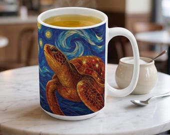Sea Turtle Mug, Van Gogh Style Ocean Mug, Starry Night Coffee Cup, Sea Turtle Gift, Ocean Lover Gift, Marine Life Ceramic Mug